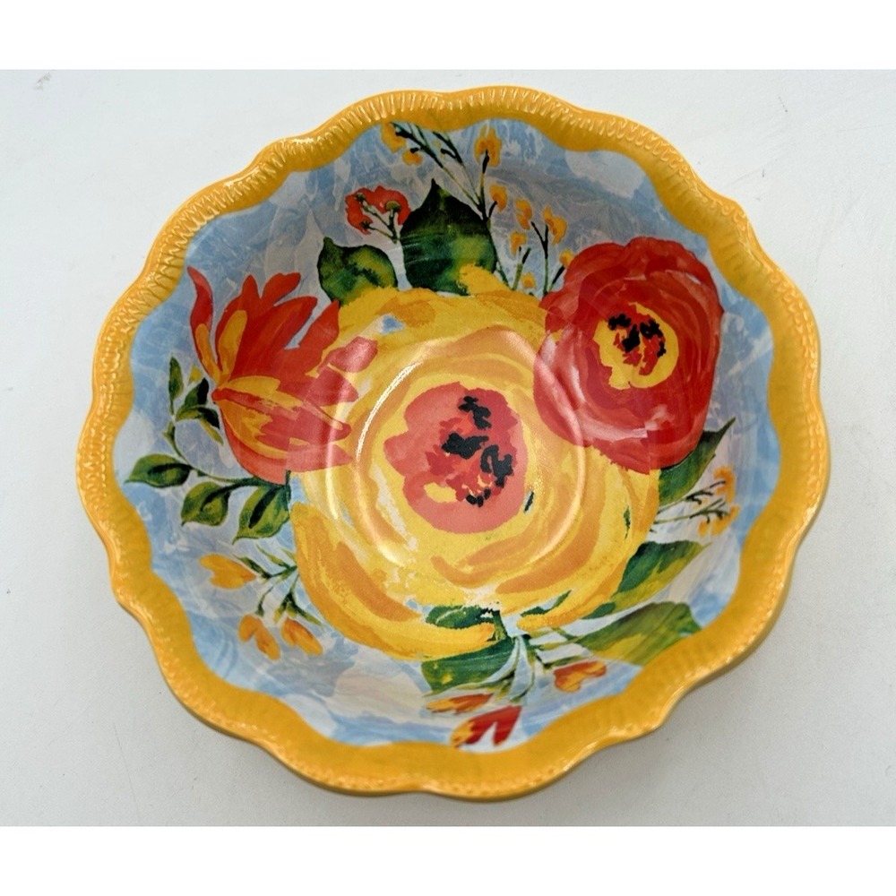 Pioneer Woman Delaney Melamine Dip Bowl Yellow With Floral Print Scalloped Edges